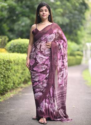 wine floral print chiffon saree with unstiched blouse piece 2