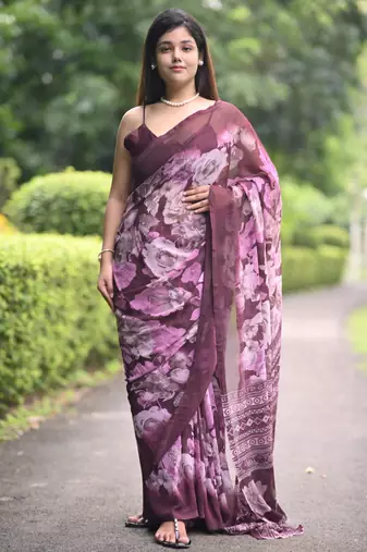 wine floral print chiffon saree with unstiched blouse piece