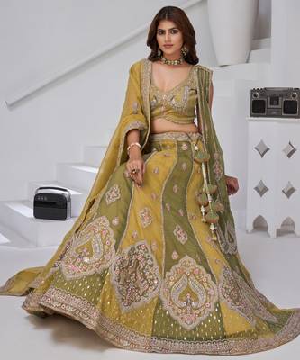 Mustard & Green Double Dupatta Lehenga with Intricate Zari and Resham Work 3