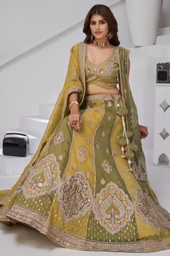 Mustard & Green Double Dupatta Lehenga with Intricate Zari and Resham Work