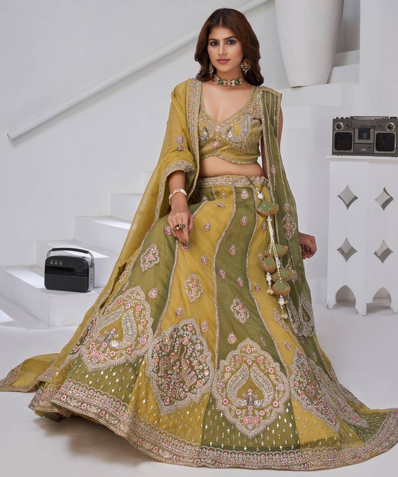 Mustard & Green Double Dupatta Lehenga with Intricate Zari and Resham Work