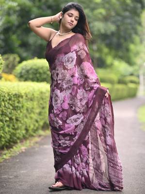 wine floral print chiffon saree with unstiched blouse piece 3
