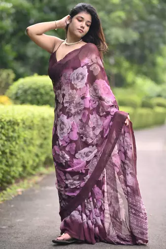 wine floral print chiffon saree with unstiched blouse piece