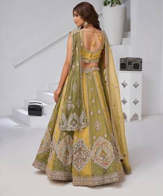 Mustard & Green Double Dupatta Lehenga with Intricate Zari and Resham Work 4