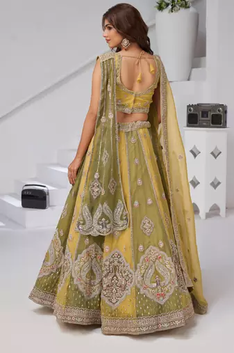 Mustard & Green Double Dupatta Lehenga with Intricate Zari and Resham Work