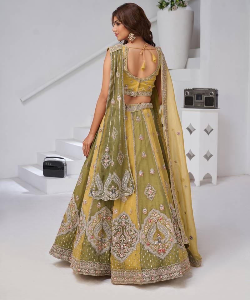 Mustard & Green Double Dupatta Lehenga with Intricate Zari and Resham Work