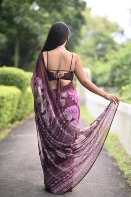 wine floral print chiffon saree with unstiched blouse piece 4