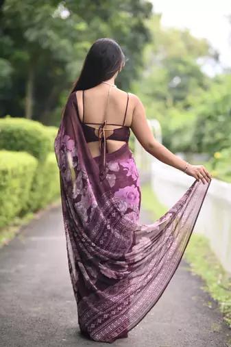 wine floral print chiffon saree with unstiched blouse piece