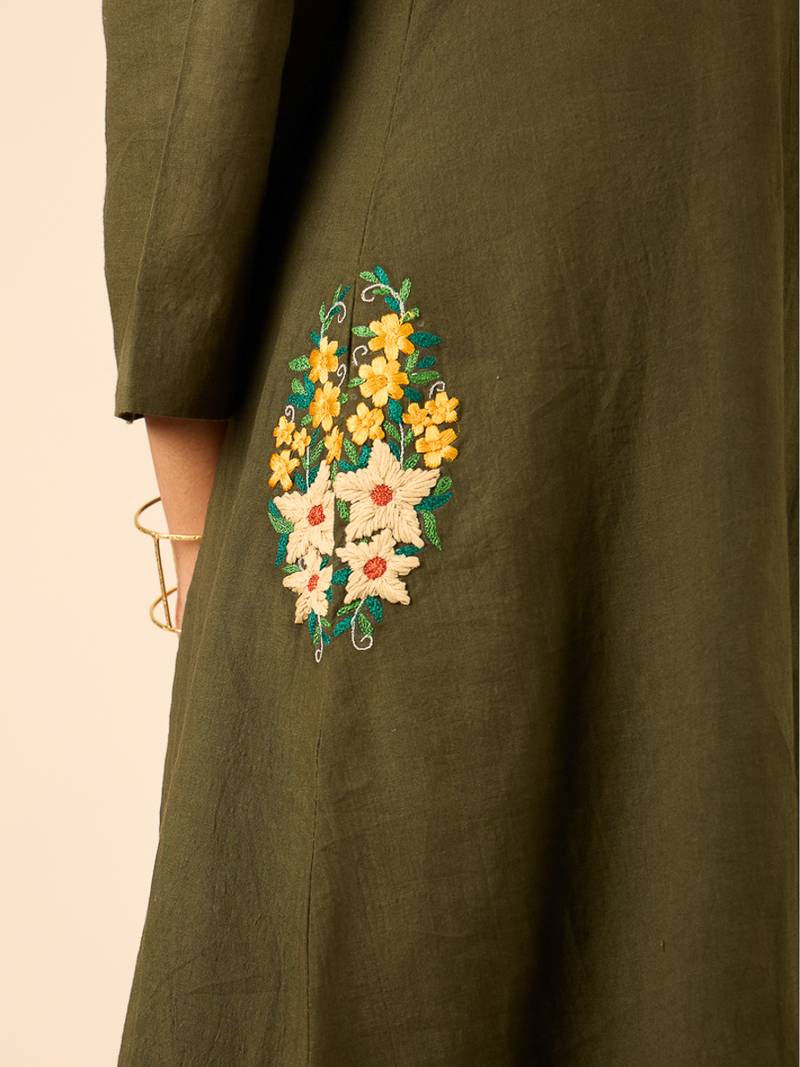 Olive green thread embroidered cotton linen a-line kurta set
