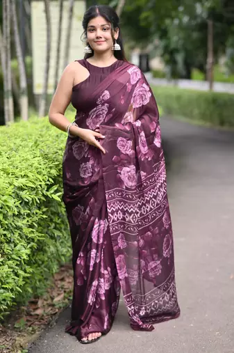 wine floral print chiffon saree with unstiched blouse piece