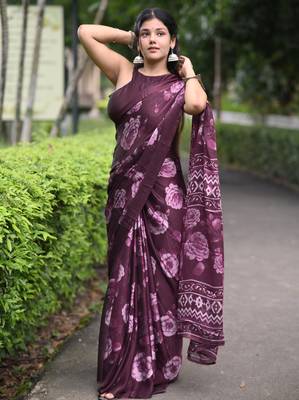 wine floral print chiffon saree with unstiched blouse piece 2