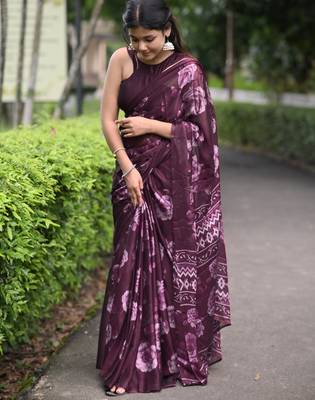 wine floral print chiffon saree with unstiched blouse piece 3