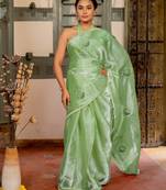 green stone embroidery lace border organza saree with unstiched blouse piece