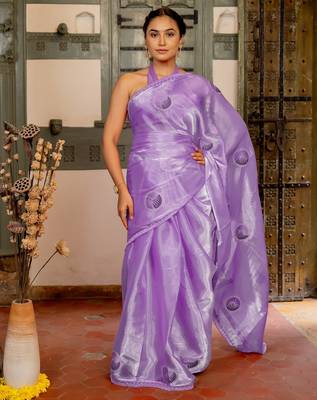 purple stone embroidery lace border organza saree with unstiched blouse piece 1