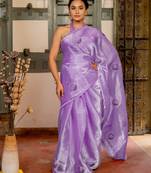 purple stone embroidery lace border organza saree with unstiched blouse piece