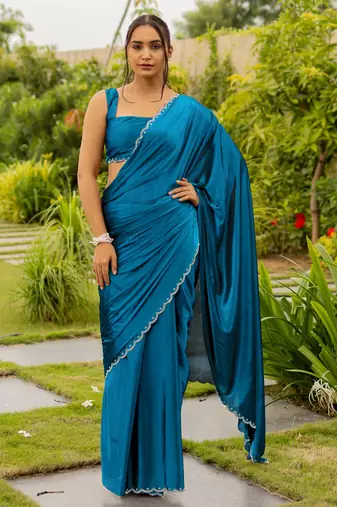turquoise plain stone work border silk blend saree with unstiched blouse piece
