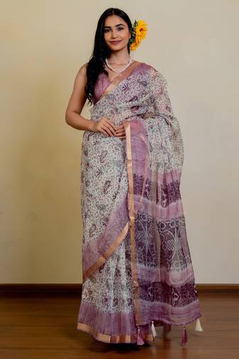 cream paisley floral print zari woven border polyester saree with unstiched blouse piece