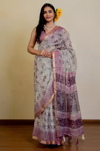 cream paisley floral print zari woven border polyester saree with unstiched blouse piece