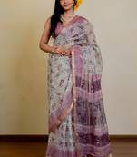 cream paisley floral print zari woven border polyester saree with unstiched blouse piece