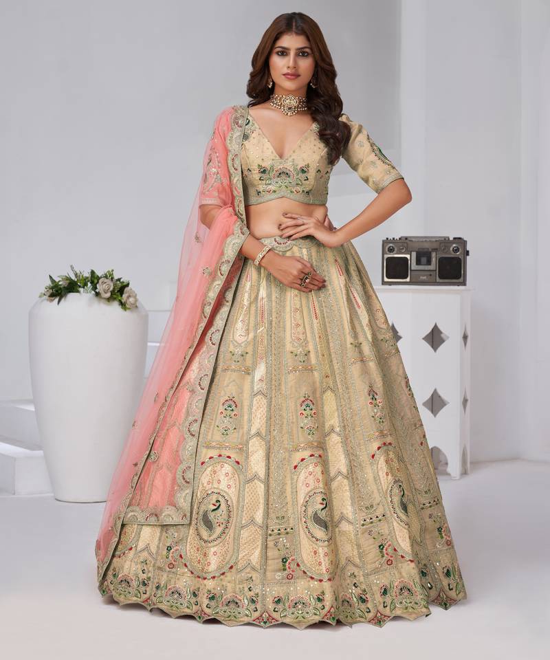 Designer Cream Raw Silk Lehenga for Festive Glam