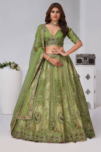 Grace in Green – Raw Silk Mehndi Lehenga for Festive Celebrations