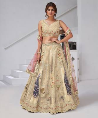 Designer Cream Raw Silk Lehenga with Peacock Feather Work 1