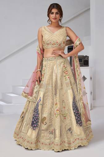 Designer Cream Raw Silk Lehenga with Peacock Feather Work
