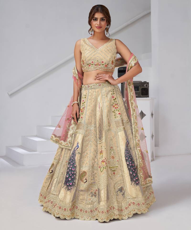 Designer Cream Raw Silk Lehenga with Peacock Feather Work