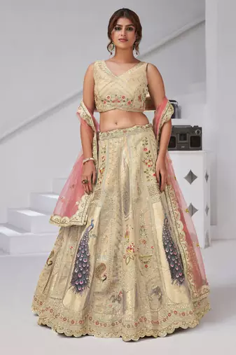Designer Cream Raw Silk Lehenga with Peacock Feather Work