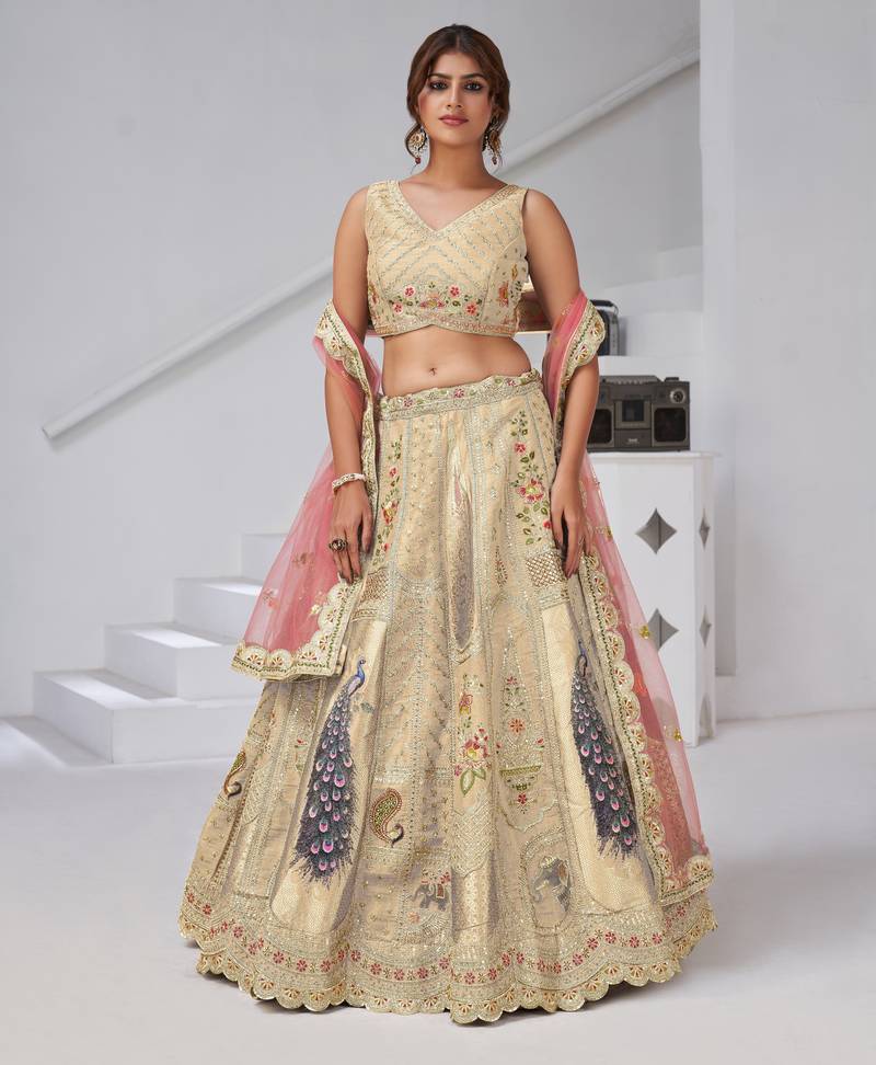 Designer Cream Raw Silk Lehenga with Peacock Feather Work