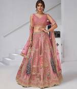 Designer Pink Raw Silk Lehenga with Peacock Feather Work