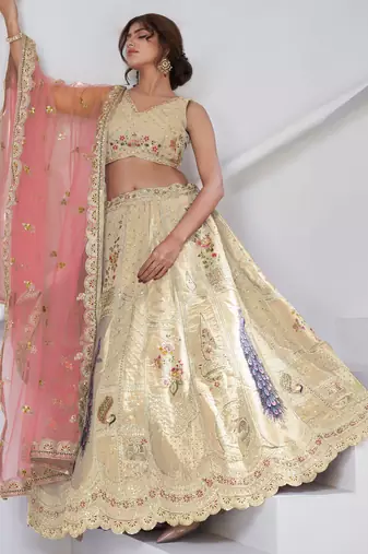Designer Cream Raw Silk Lehenga with Peacock Feather Work