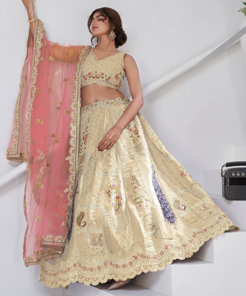 Designer Cream Raw Silk Lehenga with Peacock Feather Work