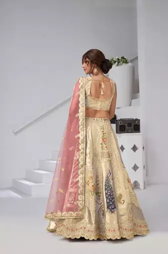 Designer Cream Raw Silk Lehenga with Peacock Feather Work