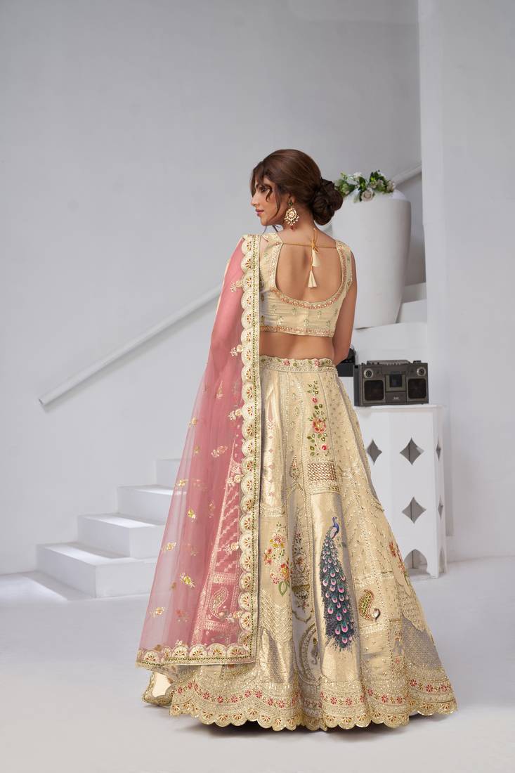 Designer Cream Raw Silk Lehenga with Peacock Feather Work