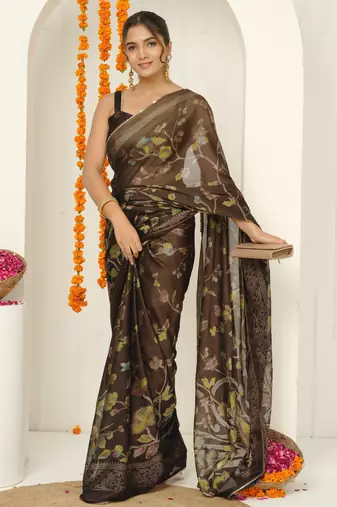 brown floral foil print lace border chiffon saree with unstiched blouse piece