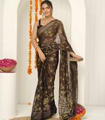 brown floral foil print lace border chiffon saree with unstiched blouse piece