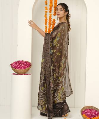 purple floral foil print lace border chiffon saree with unstiched blouse piece 3