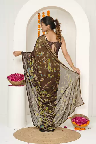 purple floral foil print lace border chiffon saree with unstiched blouse piece