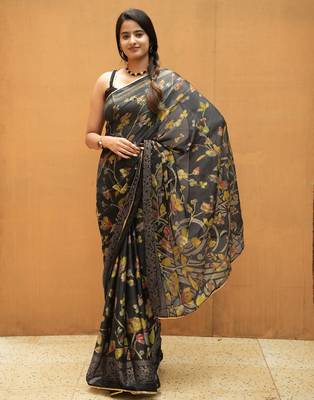 black floral foil print lace border chiffon saree with unstiched blouse piece 1