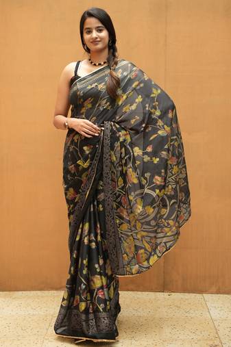 black floral foil print lace border chiffon saree with unstiched blouse piece