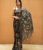 black floral foil print lace border chiffon saree with unstiched blouse piece