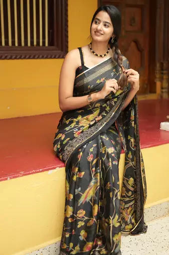 black floral foil print lace border chiffon saree with unstiched blouse piece
