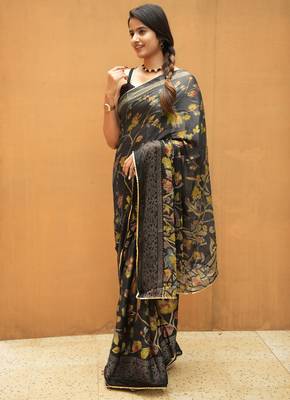 black floral foil print lace border chiffon saree with unstiched blouse piece 3