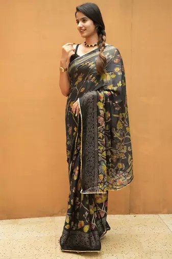 black floral foil print lace border chiffon saree with unstiched blouse piece