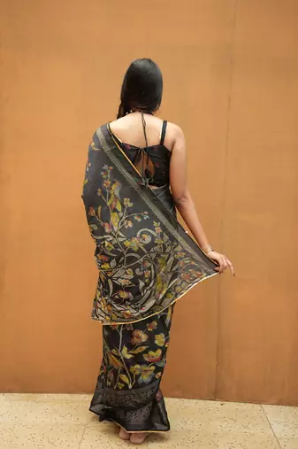black floral foil print lace border chiffon saree with unstiched blouse piece