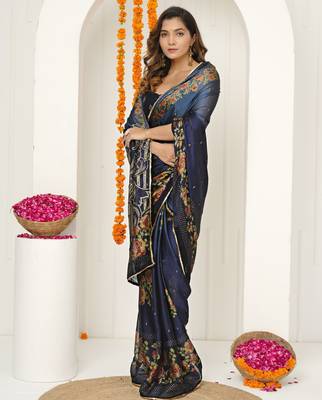 blue floral foil print lace border chiffon saree with unstiched blouse piece 1