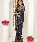 blue floral foil print lace border chiffon saree with unstiched blouse piece