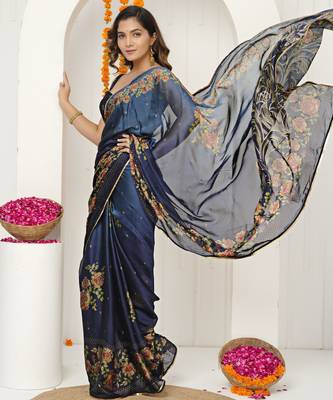 blue floral foil print lace border chiffon saree with unstiched blouse piece 2