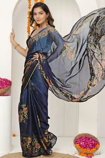 blue floral foil print lace border chiffon saree with unstiched blouse piece